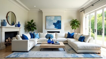 Fototapeta premium Serene Living Room with Sectional Sofa and Blue Accents Featuring a Modern Abstract Artwork