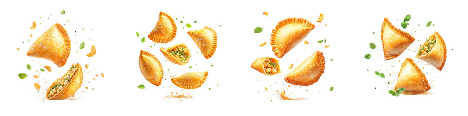 Empanadas flying through the air with crumbs and filling spilling out, isolated on a white background. set cutout png.