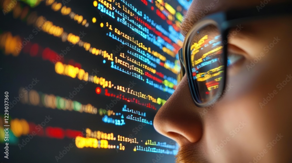Poster close-up of a person analyzing colorful programming code on a screen
