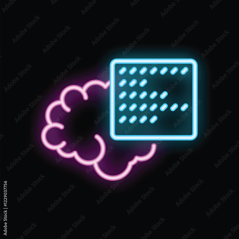 Poster neon icon representing the concept of artificial intelligence with a microchip processing data in fr