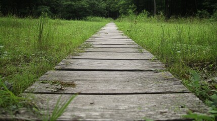 Obraz premium Wooden boardwalk path through lush green meadow.