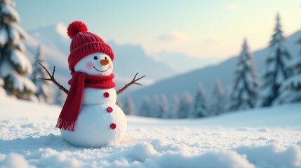Obraz premium A cheerful snowman in a red winter hat and scarf stands in a snowy landscape, enjoying the serene winter wonderland scenery.