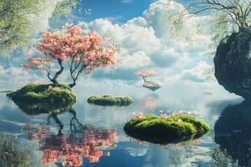 Floating Islands in a Pink Blossom Paradise