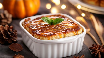 Traditional bread pudding infused with cinnamon and nutmeg, served with a caramel sauce and garnished with fresh mint, surrounded by Thanksgiving dishes