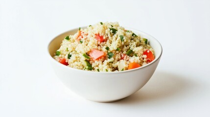 A minimalist bowl of plain quinoa salad with a light lemon dressing, served in a simple white ceramic bowl, Quinoa salad centered