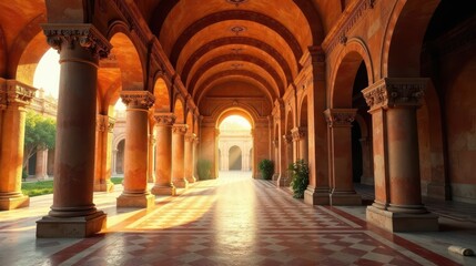 Obraz premium Golden Sunlight Illuminates a Majestic Colonnaded Passageway with Intricate Architectural Details and a Checkered Floor