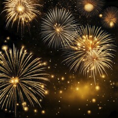 Naklejka premium Multiple golden fireworks explode in the night sky, creating a festive celebration, AI generated