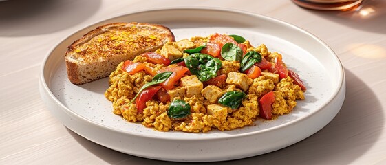 Plant based breakfast option concept. Colorful dish with vegetables and toast on a white plate