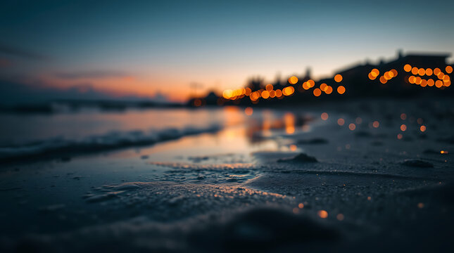 beach sunset, blurred foreground, shallow depth of field, bokeh lights, silhouetted palm trees, ocean waves, golden hour, warm tones, tropical paradise, atmospheric, dreamy, coastal scenery, reflectiv