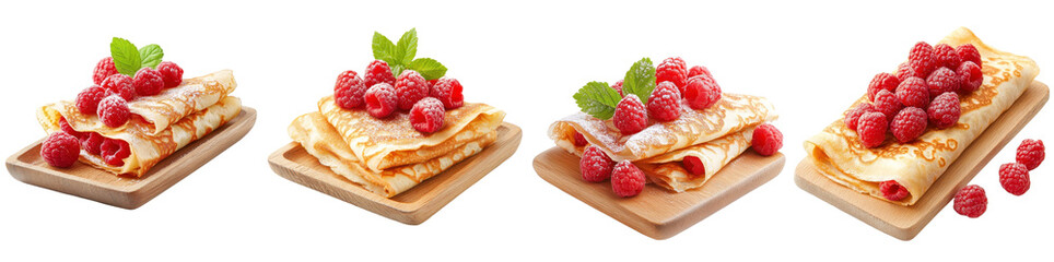 Raspberry crepe served on a rustic wooden tray, isolated on a white background. set cutout png.