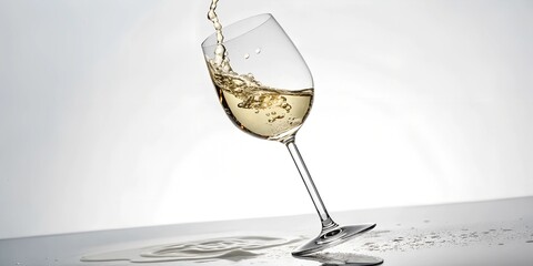  A delicate wine glass filled with white wine, tilting as liquid splashes, against a minimalist background. A sophisticated and elegant composition.