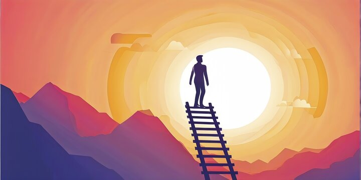Vector illustration of a person going upstairs as symbol for self growth and personal development, AI generated