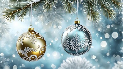Abstract illustration of a set of ornate Christmas ornaments hanging on a snow-covered pine tree branch, AI generated