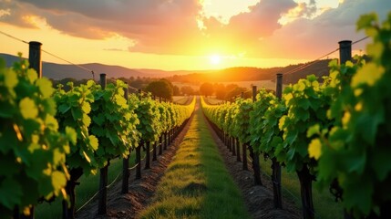 Naklejka premium Golden Hour Vineyard Rows at Sunset A Serene Vista of Lush Green Grapevines Basking in the Warm Glow of the Evening Sun