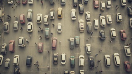 Aerial view of crowded parking lot with numerous cars and pedestrians.