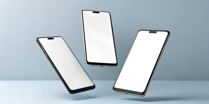  Three modern smartphones with blank white screens floating in mid-air against a light blue background. A high-quality mockup for app, UI, or branding presentations. - Powered by Adobe