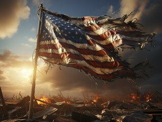 Dirty flag of the United States of America, symbolic image for destroyed and broken United States of America, Ai generated