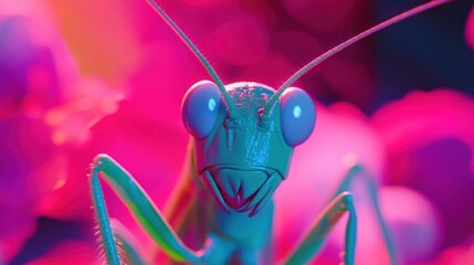 Close-up of a praying mantis among vibrant flowers
