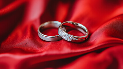 two wedding rings on a red satin cloth