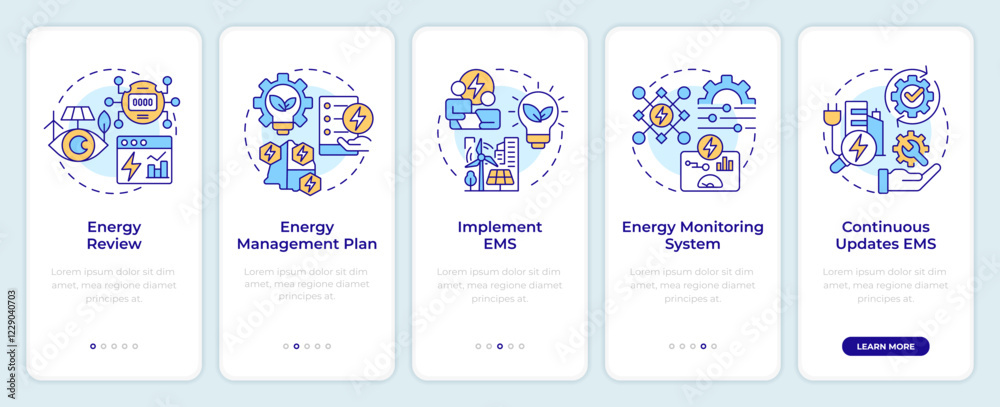 Wall mural ems system steps onboarding mobile app screen. walkthrough 5 steps editable graphic instructions wit