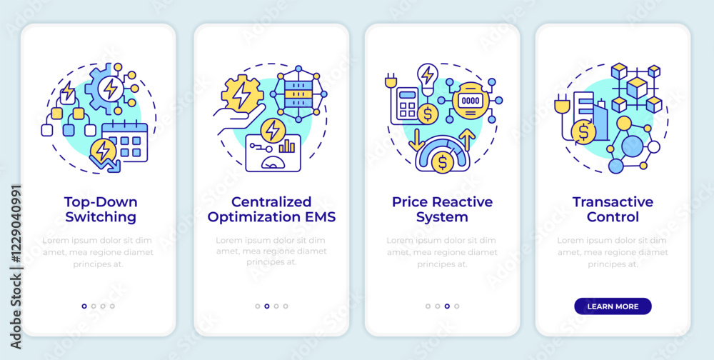 Wall mural energy management types onboarding mobile app screen. walkthrough 4 steps editable graphic instructi