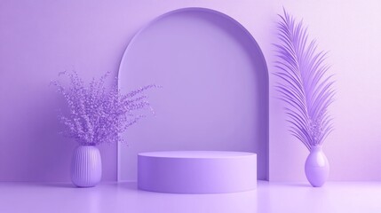 Lavender cylindrical podium with plants in arched room.