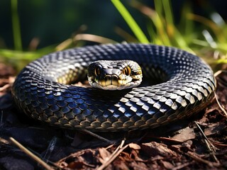 Fototapeta premium European adder coiled in a striking position showcasing its distinctive patterning, AI generated