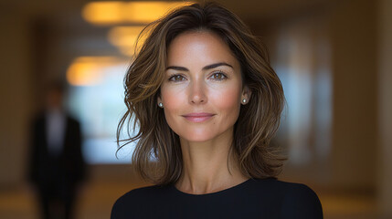 Woman with confident expression in elegant setting during bright daytime. Generative AI