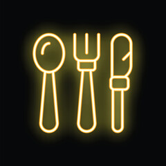 Yellow neon cutlery icon glowing on a black background
