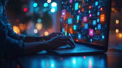 Digital marketing concept with a person working on a computer, creating social media platforms to drive engagement, build relationships, and boost sales.