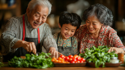 Happy asian family cooking together in the kitchen at home. Grandfather, grandmother and grandson are cooking together.