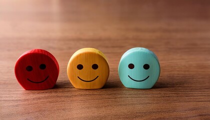 Three wooden figures with smiling emoticon faces of different colors representing diverse emotions on a wooden table