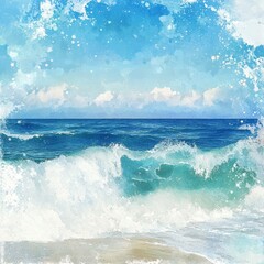 Fototapeta premium Coastal Watercolor Seascape, Azure Waves