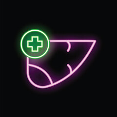 Glowing neon icon of a human liver with medical cross representing concepts like liver health, healthy internal organ, etc
