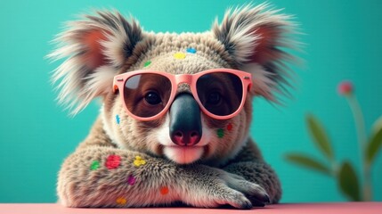 Fototapeta premium A stylish koala rests its paws, adorned with colorful dots, while sporting trendy pink sunglasses against a vibrant teal backdrop.