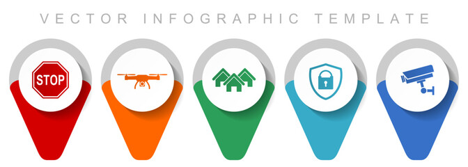 Home security pointer collection, miscellaneous icons such as stop sign, drone, house, cctv camera and padlock, flat design vector infographic template in eps 10