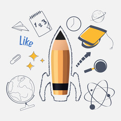 vector elements of learning equipment for school and learning concept designs featuring elements of stationery and other school tools as well as elements of outer space objects
