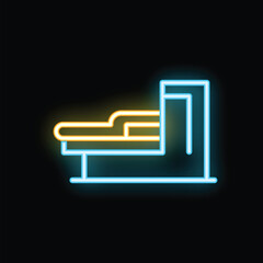 Glowing neon line icon representing a hospital bed with side rail, perfect for projects related to healthcare