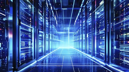 Server racks aligned in rows within a cloud computing data center background and data streams flowing, AI generated