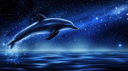 Dolphin Leaping Through Starry Night Sky Over Calm Ocean Waters