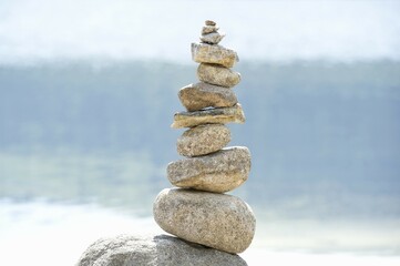 Cairn at Schluchsee Lake, Black Forest, Baden-Wuerttemberg, Germany, Europe