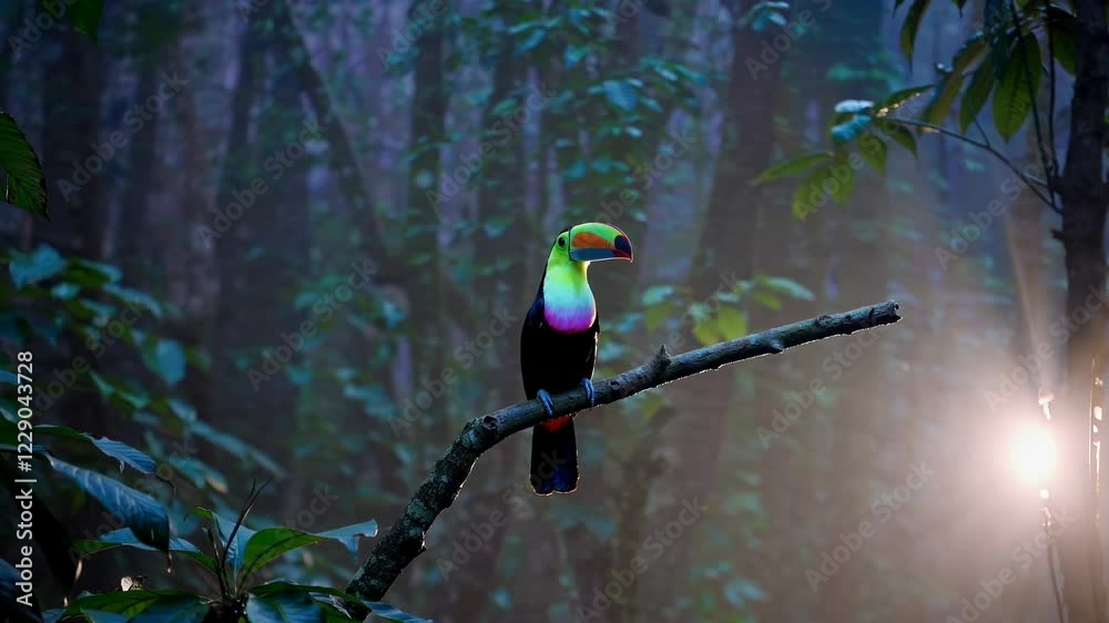 Poster a surreal image of a toucan with rainbow-colored feathers glowing faintly in a misty twilight jungle