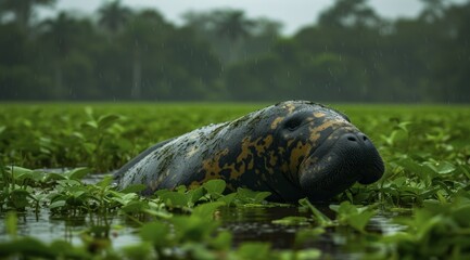 Obraz premium A manatee in water during rainfall, surrounded by lush greenery in an overcast setting, AI generated