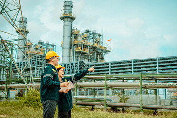 Professionals inspect industrial facility and discuss operations at a power plant under clear skies