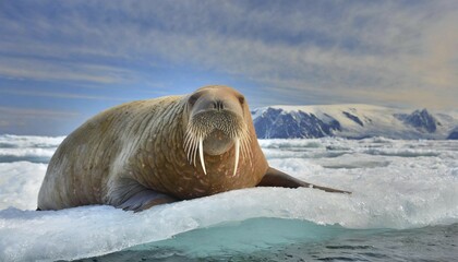 Naklejka premium AI generated, animal, animals, mammal, mammals, biotope, habitat, one, individual, foraging, wildlife, walrus (Odobenus rosmarus), formerly (Rosmarus arcticus, lives in the Arctic, Atlantic walrus, Pacific walrus, heavy plump body, ice, snow, pack ice, ice floe, winter landscape, teeth