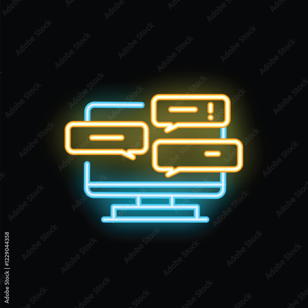 Wall mural neon computer icon showing online chatting with speech bubbles on a black background