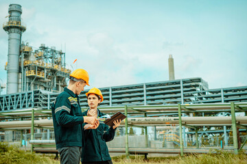 Safety briefing and equipment discussion at industrial plant during daylight hours