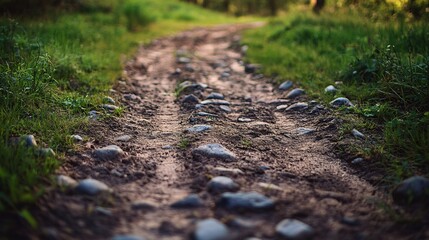 Peaceful nature trail with rocky path and lush green surroundings