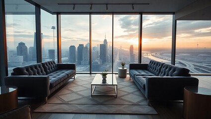 Fototapeta premium Modern Living Room with Sunrise City View and Stylish Sofas