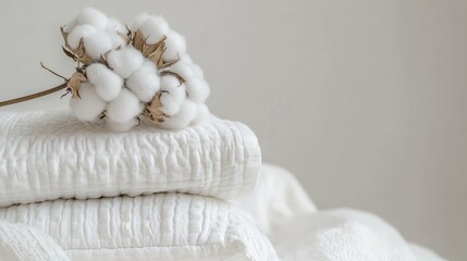 Obraz premium A minimalist arrangement of soft, white towels stacked neatly, featuring a delicate cotton blossom on top.